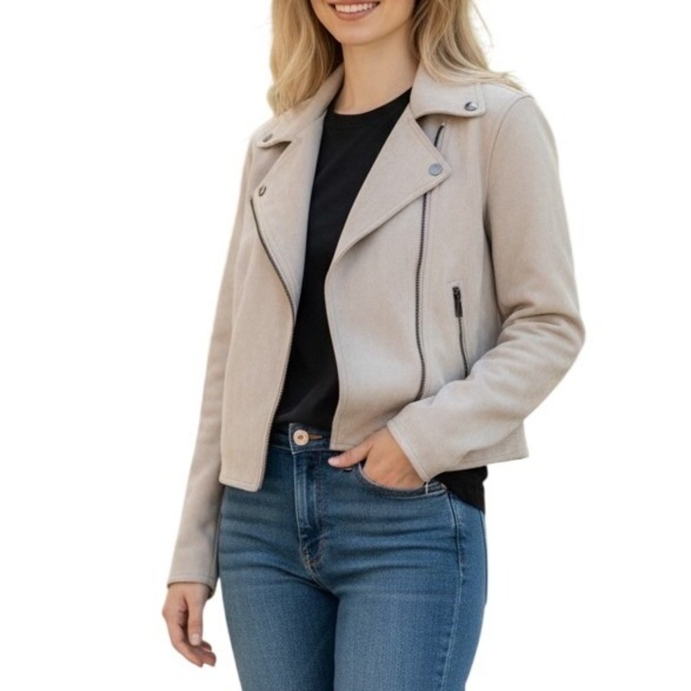 Chocolate USA Faux Suede Moto Jacket Womens Large Beige Asymmetrical Zip